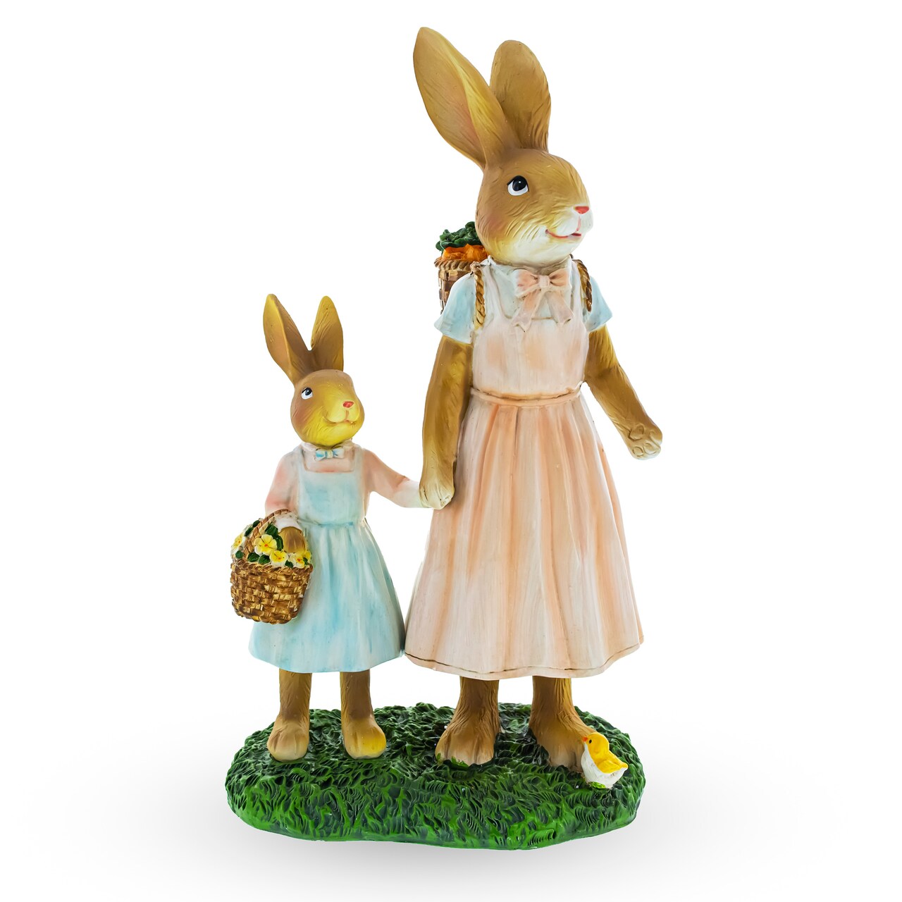 Mother & Child Easter Bunny Figurine – Vintage Style Spring Rabbit Statue with Baskets 11 Inches